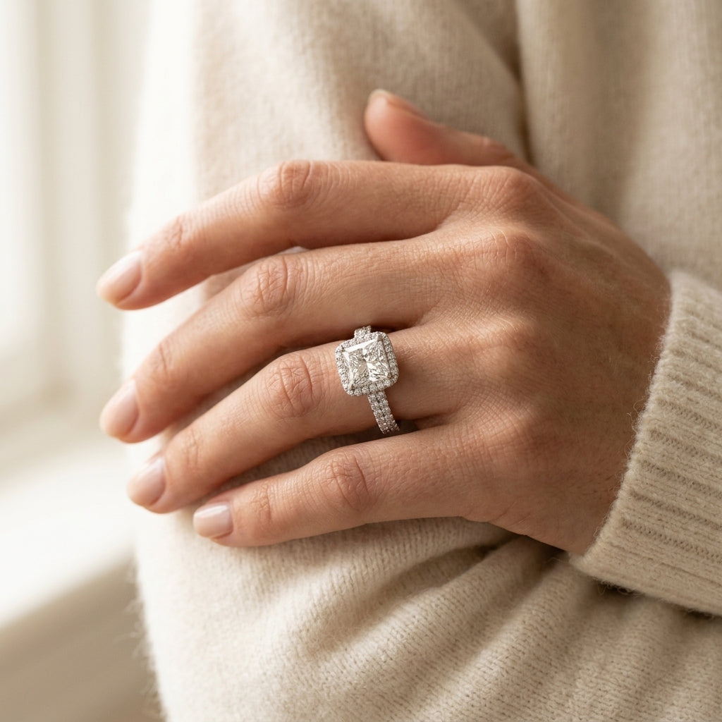 Multirow Pavé Halo Engagement Ring - worn lifestyle photo