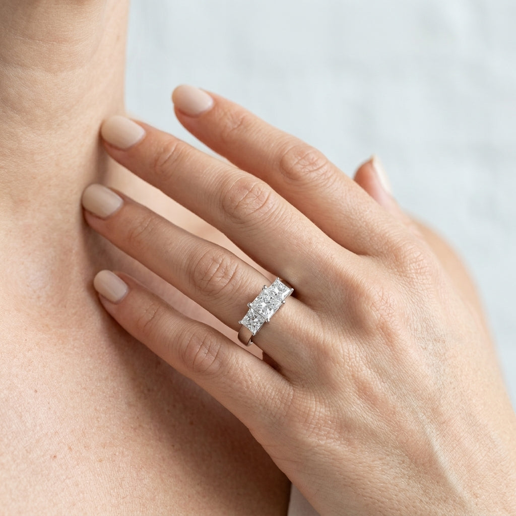 3-Stone Princess Cut Engagement Ring - worn lifestyle photo