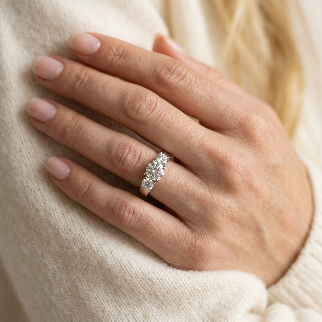 3-Stone Double Prong Engagement Ring - worn lifestyle photo