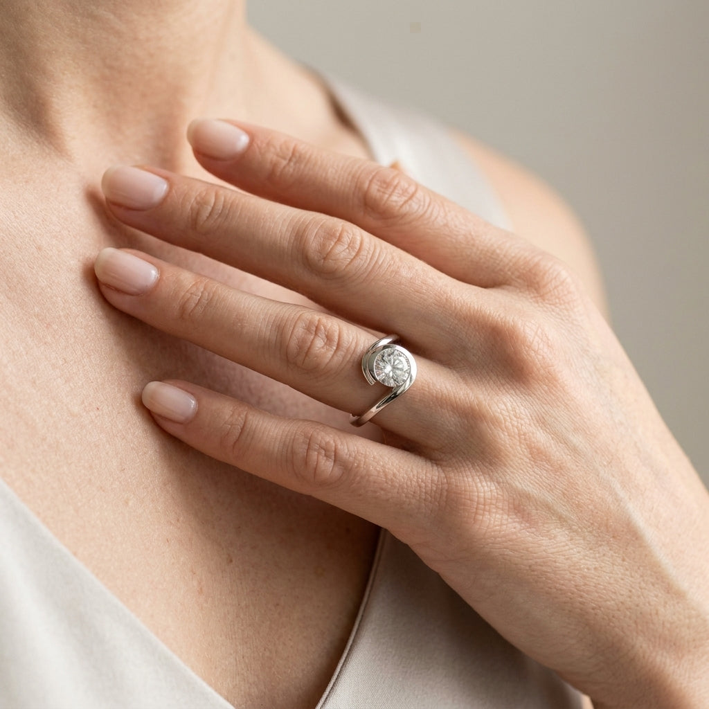 Bypass Swirl Solitaire Engagement Ring - worn lifestyle photo