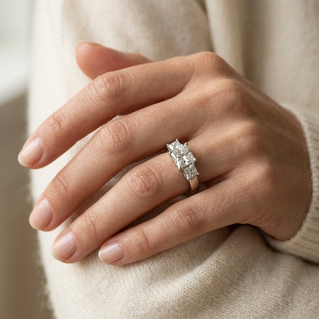 ENGAGEMENT RINGS 3 STONE PRINCESS - worn lifestyle photo