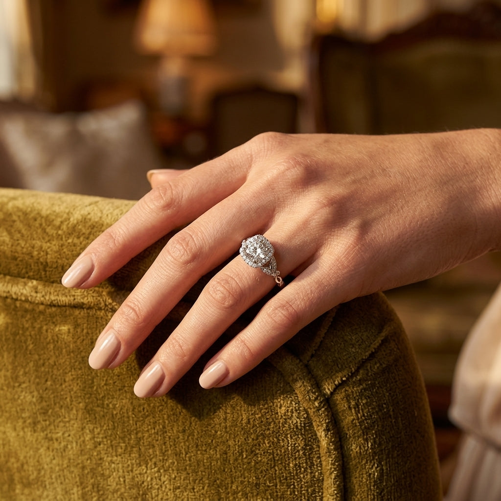 Floral Shape Round Halo Engagement Ring - worn lifestyle photo