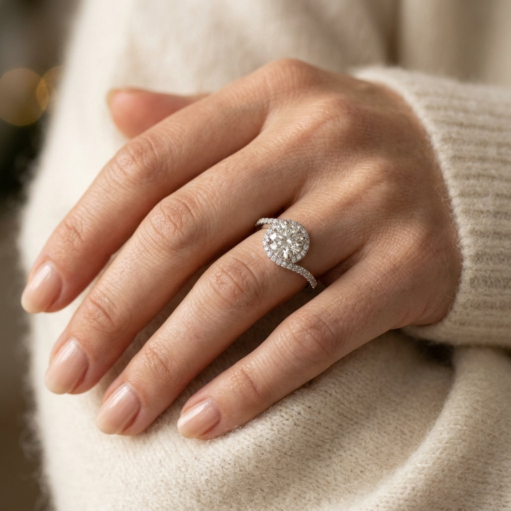 Bypass Round Halo Engagement Ring - worn lifestyle photo