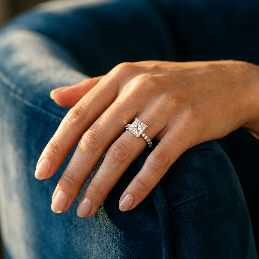 Princess Cut Hidden Halo Engagement Ring - worn lifestyle photo