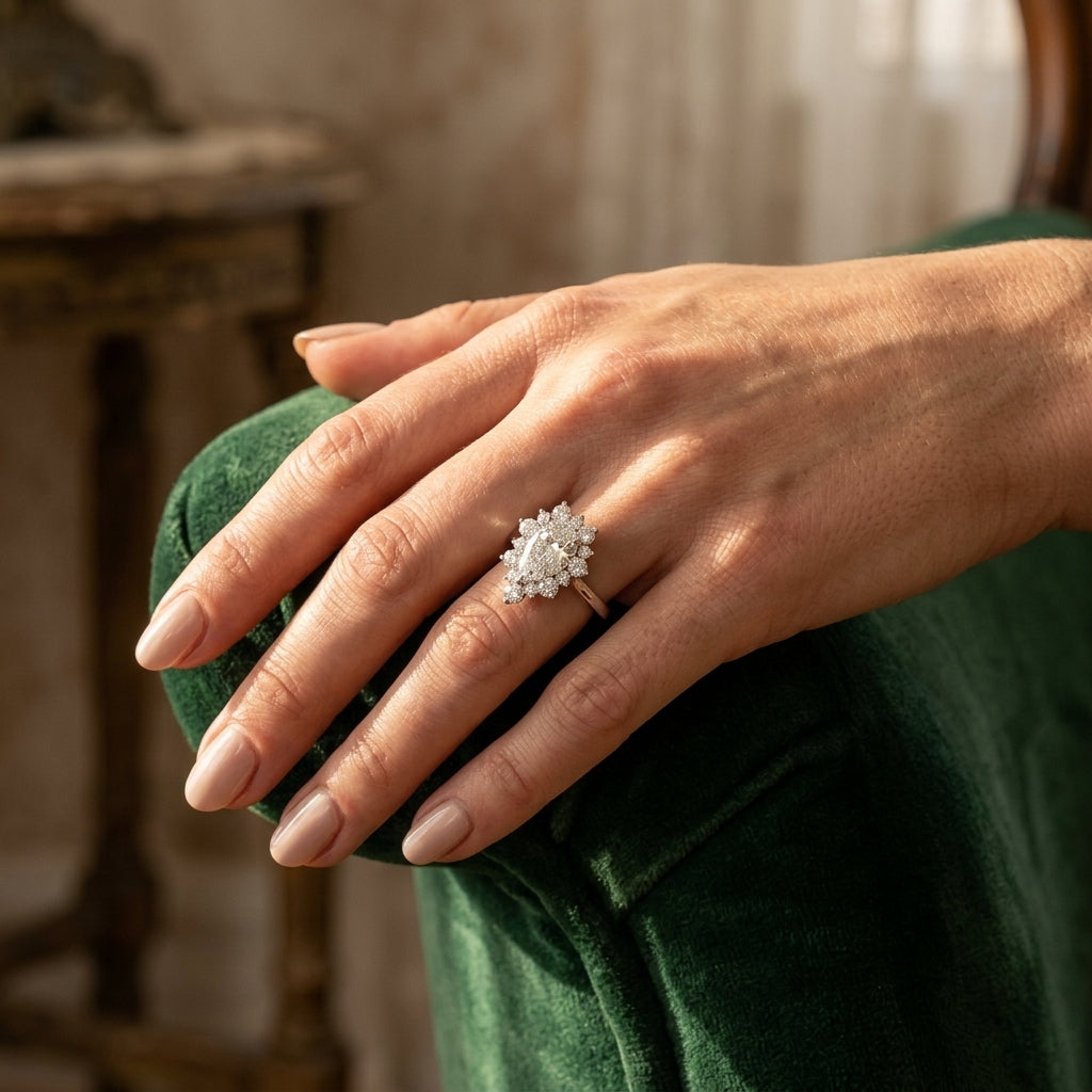 Pear Shape Solitaire Halo Engagement Ring - worn lifestyle photo
