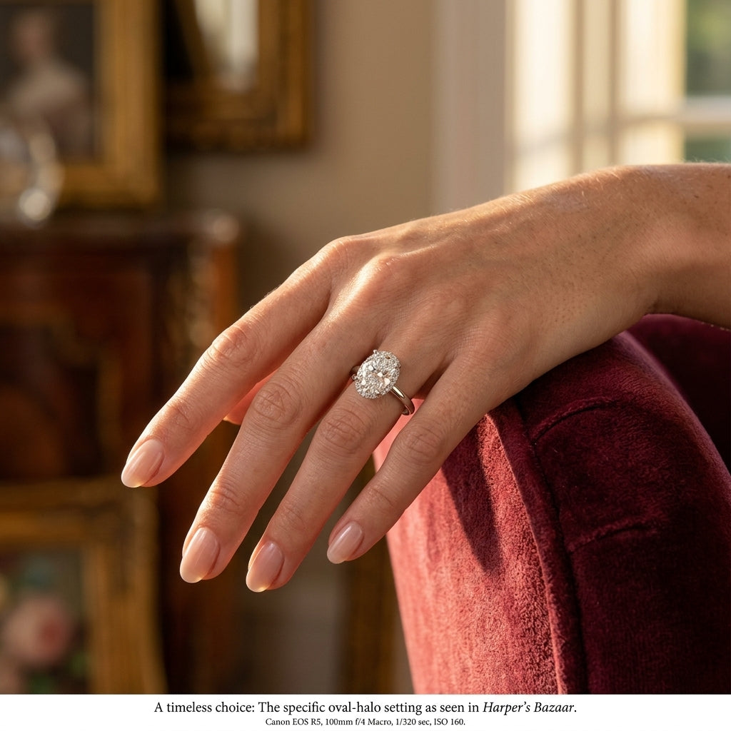 Hidden Halo Oval Engagement Ring - worn lifestyle photo