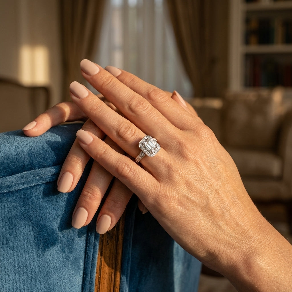 ENGAGEMENT RINGS HALO EMERALD - worn lifestyle photo