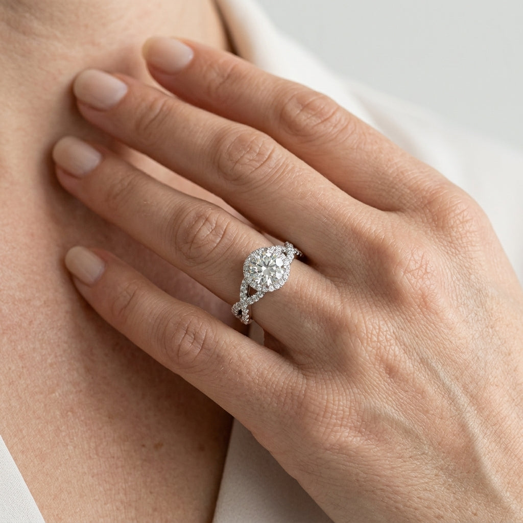Infinity Twisted Halo Engagement Ring - worn lifestyle photo