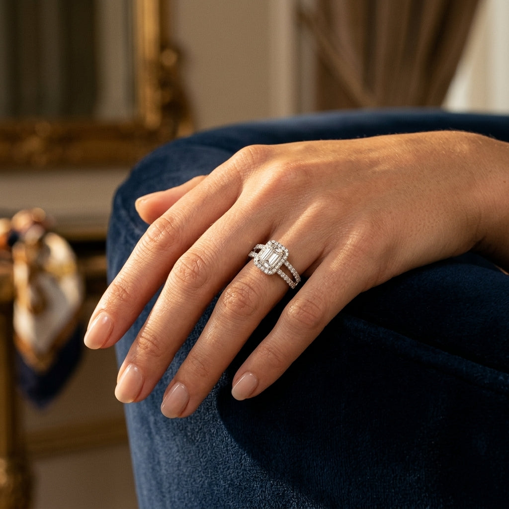 ENGAGEMENT RINGS HALO EMERALD - worn lifestyle photo