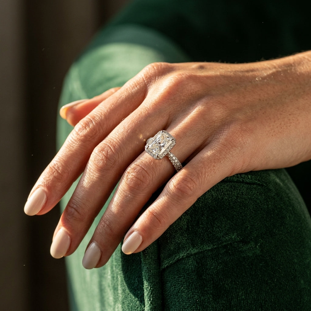 Multirow Pavé Halo Emerald Shape Engagement Ring - worn lifestyle photo