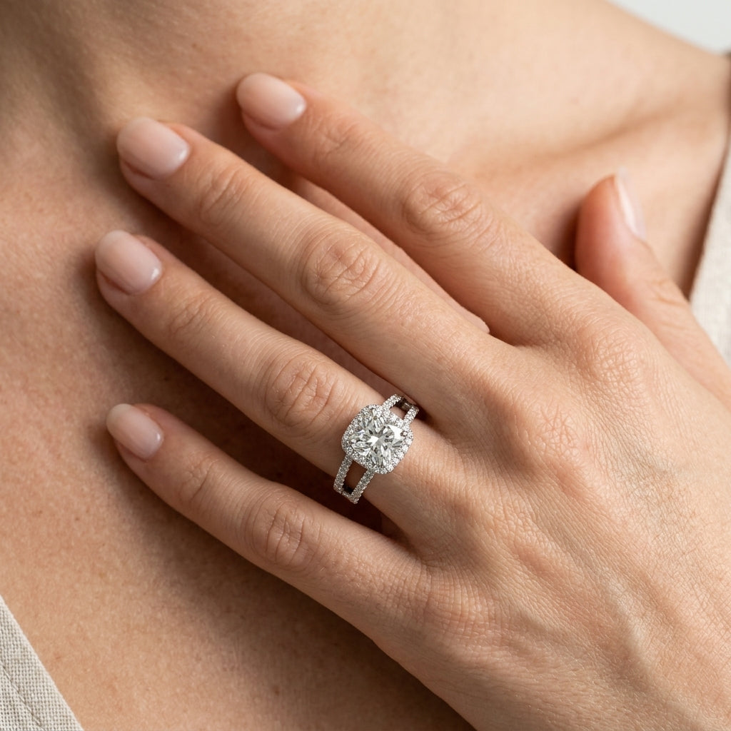 Split Shank Halo Cushion Engagement Ring - worn lifestyle photo