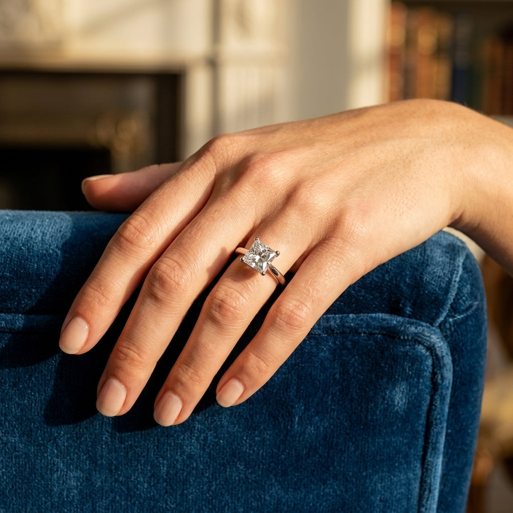 Solitaire Princess Cut Engagement Ring - worn lifestyle photo