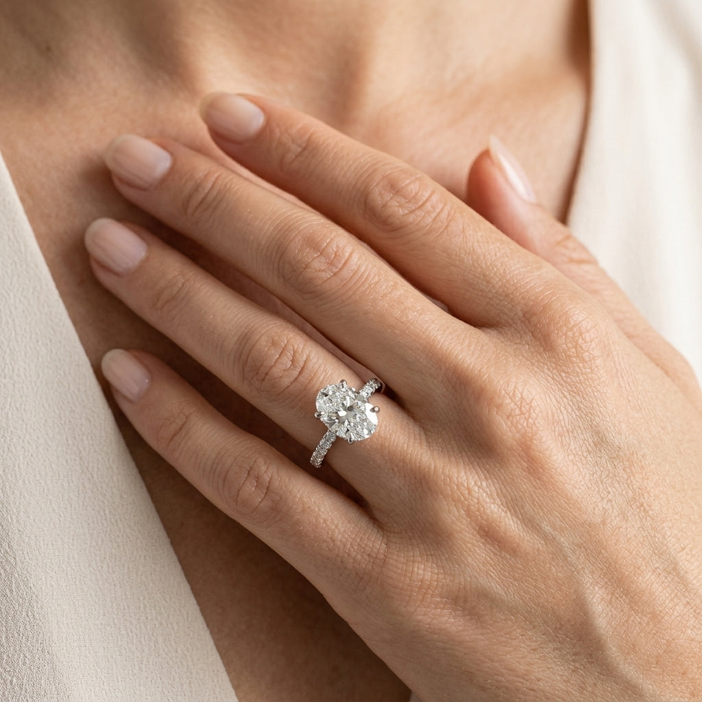 Floral Oval Engagement Ring - worn lifestyle photo