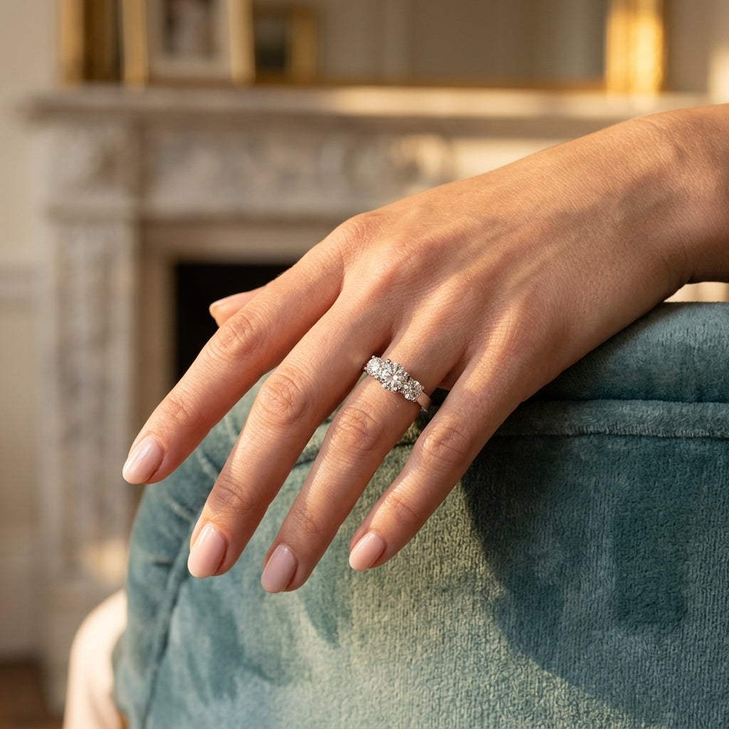 ENGAGEMENT RINGS 3 STONE ROUND - worn lifestyle photo