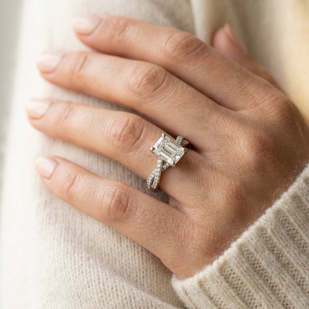 Emerald-Cut Braided Shank Multi-Row Engagement Rings - worn lifestyle photo