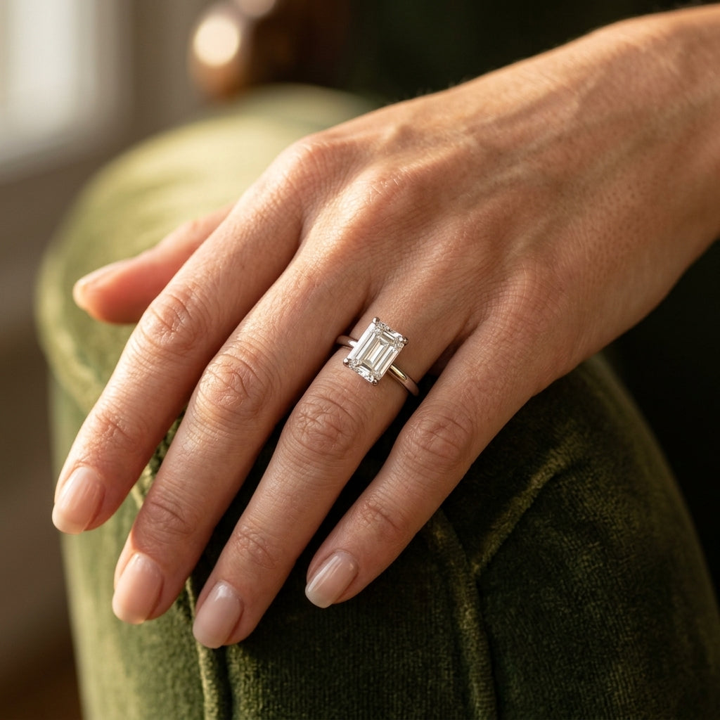 Solitaire Emerald Cut Engagement Ring - worn lifestyle photo