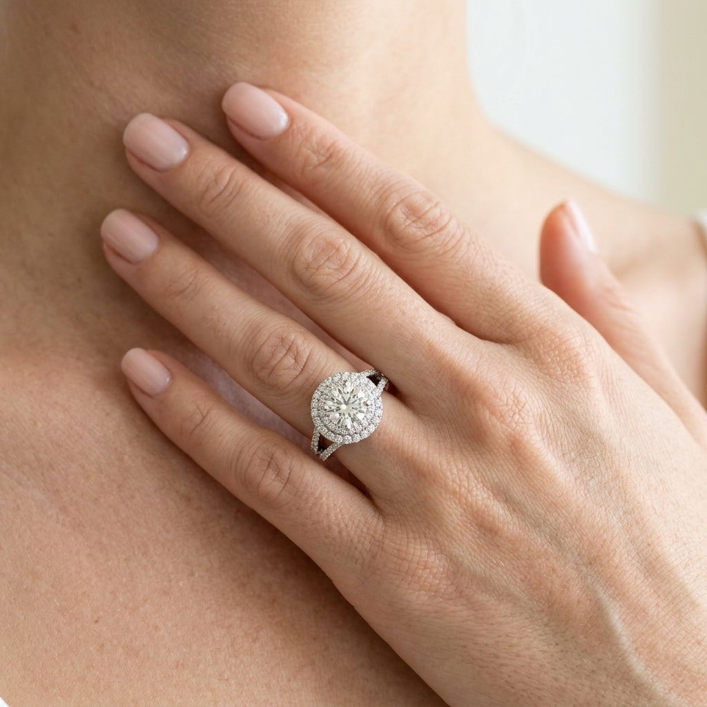 Double Row Split Shank Halo Engagement Ring - worn lifestyle photo