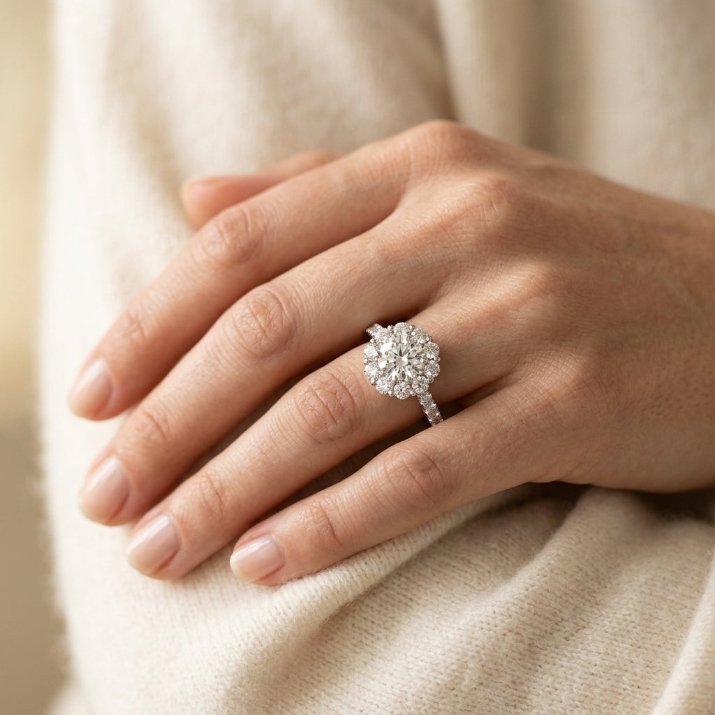 Single Row Prong Halo Engagement Ring - worn lifestyle photo