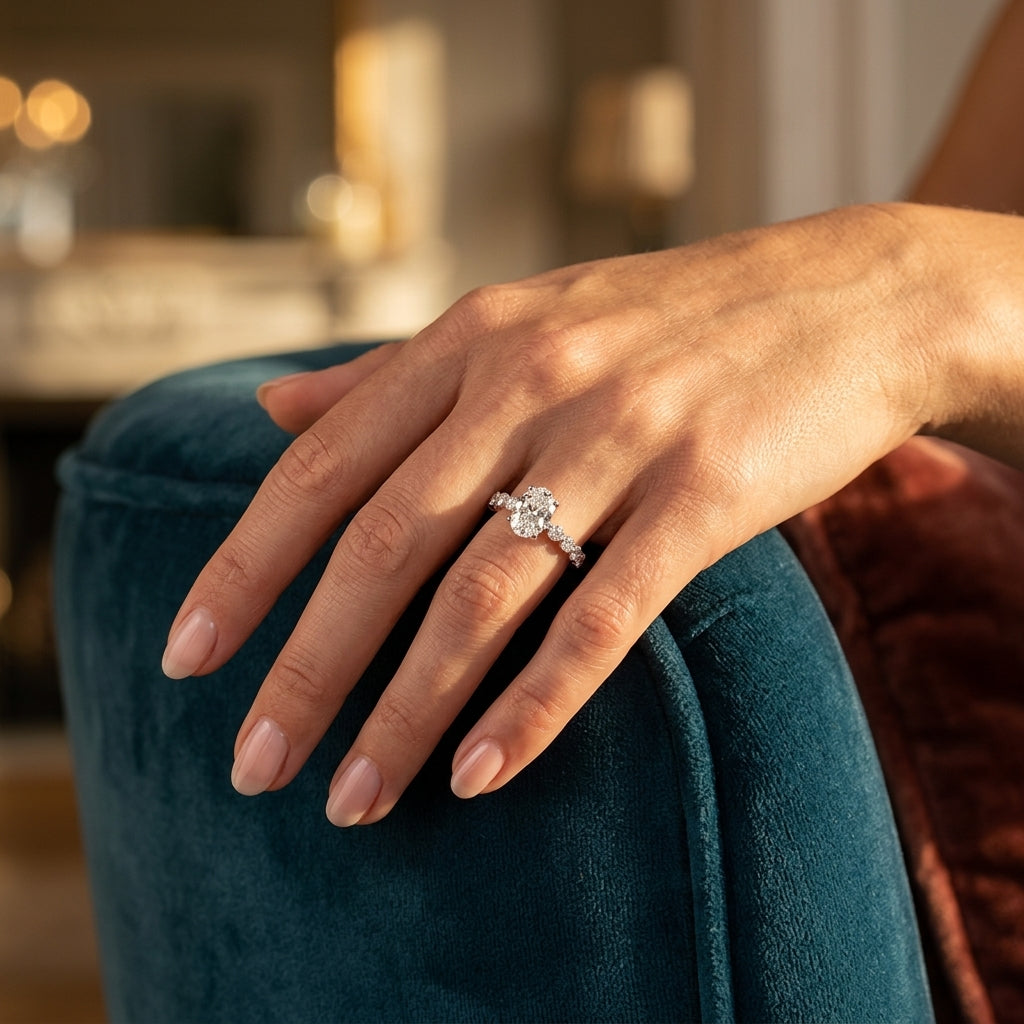 OVAL SINGLE ROW SHARED PR ENG RING - worn lifestyle photo