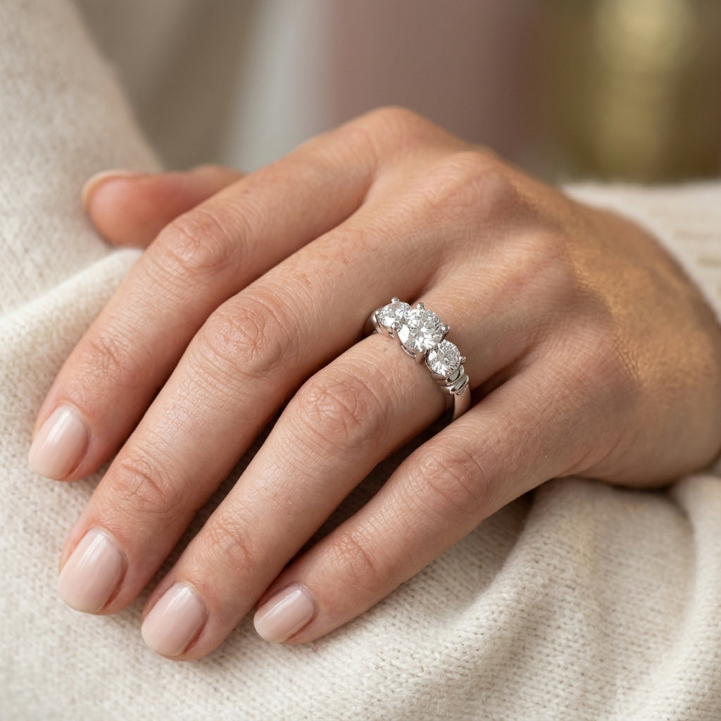 ENGAGEMENT RINGS 3 STONE ROUND - worn lifestyle photo