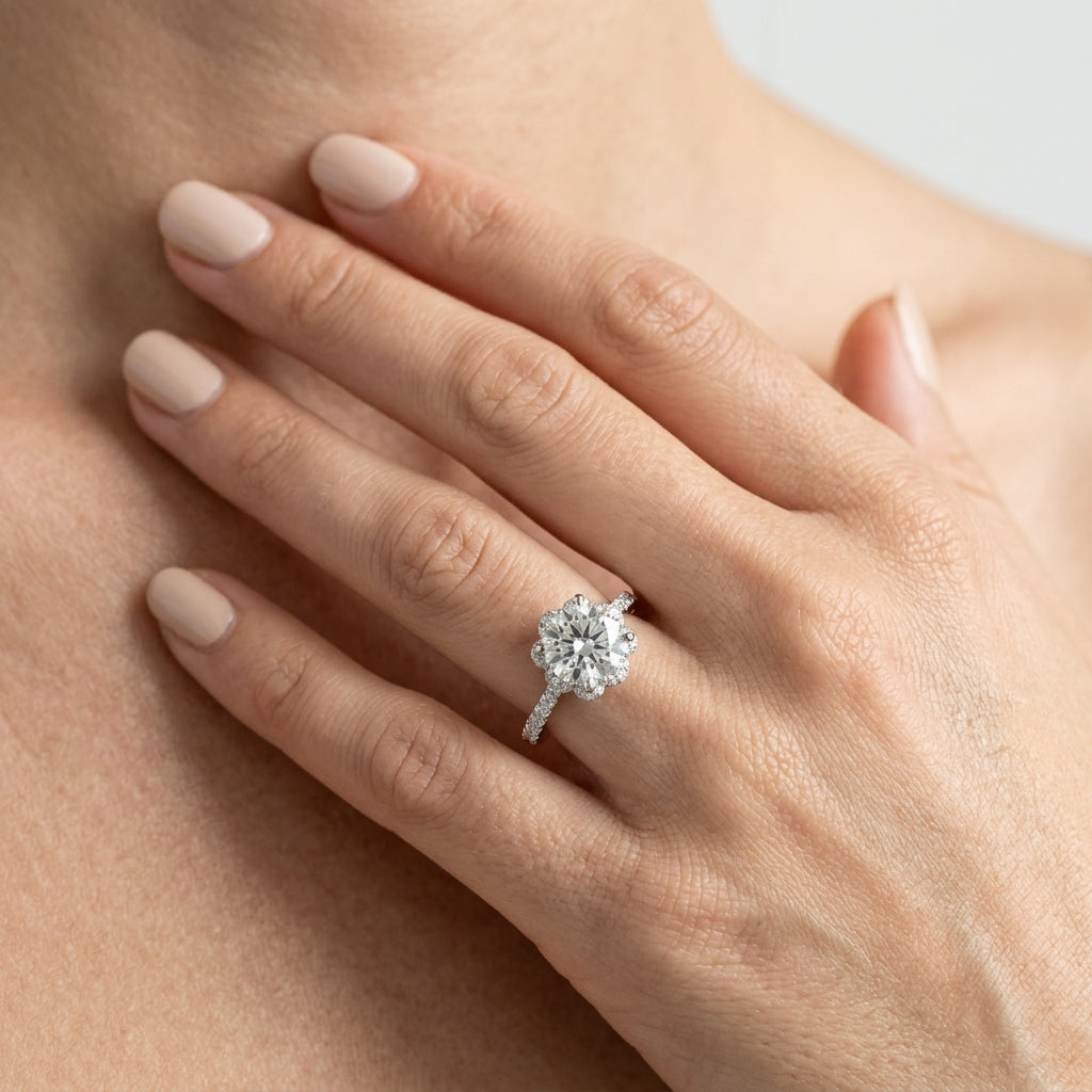 Prong Set Halo Engagement Ring - worn lifestyle photo