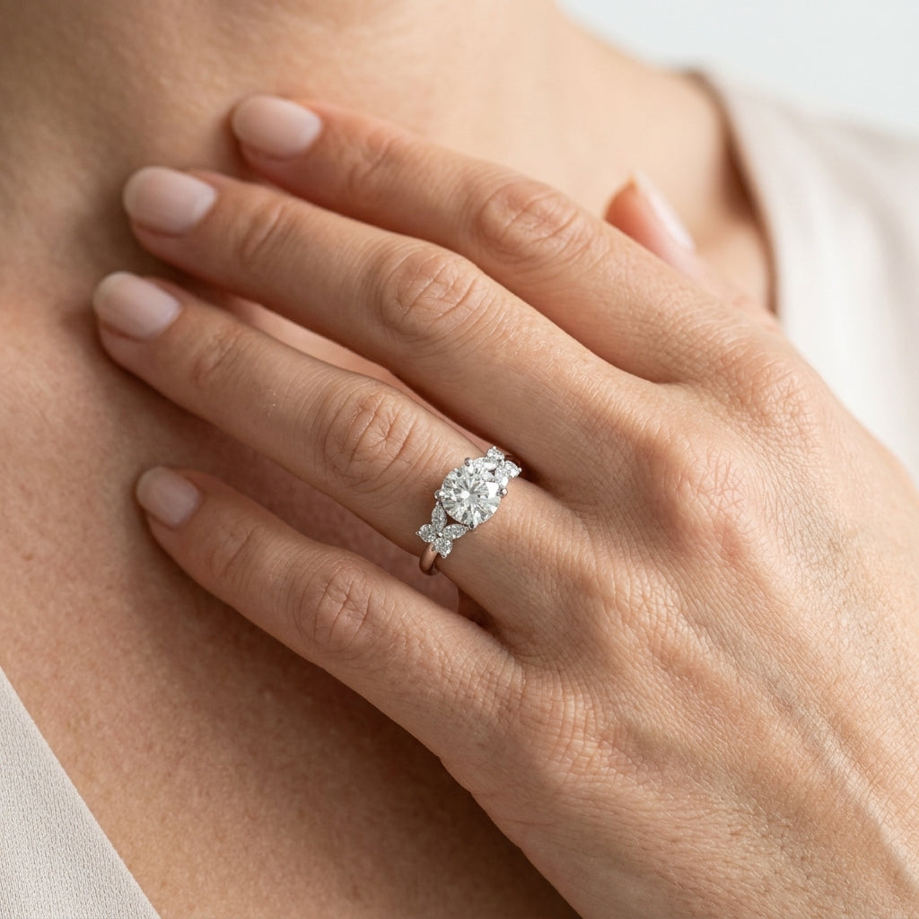 Floral Round Engagement Ring - worn lifestyle photo