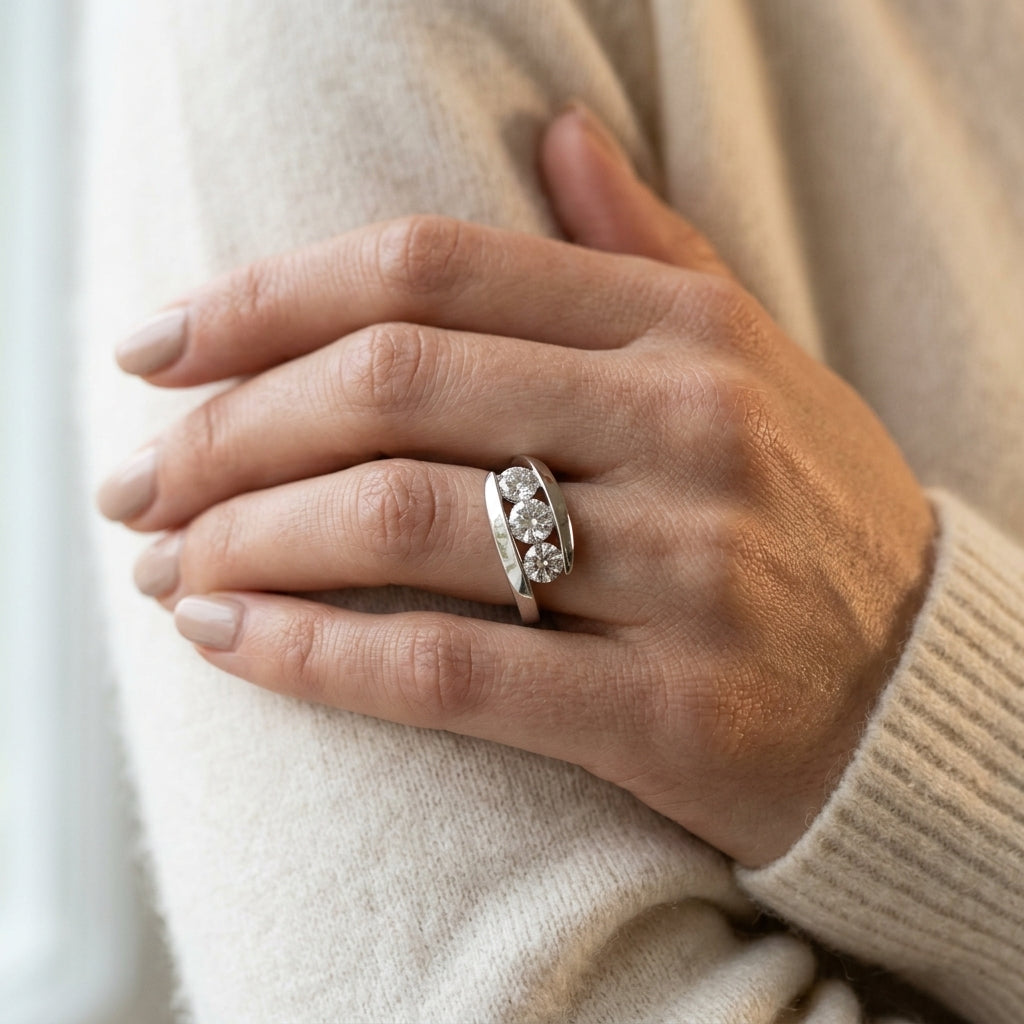 3-Stone Bypass Engagement Rings - worn lifestyle photo