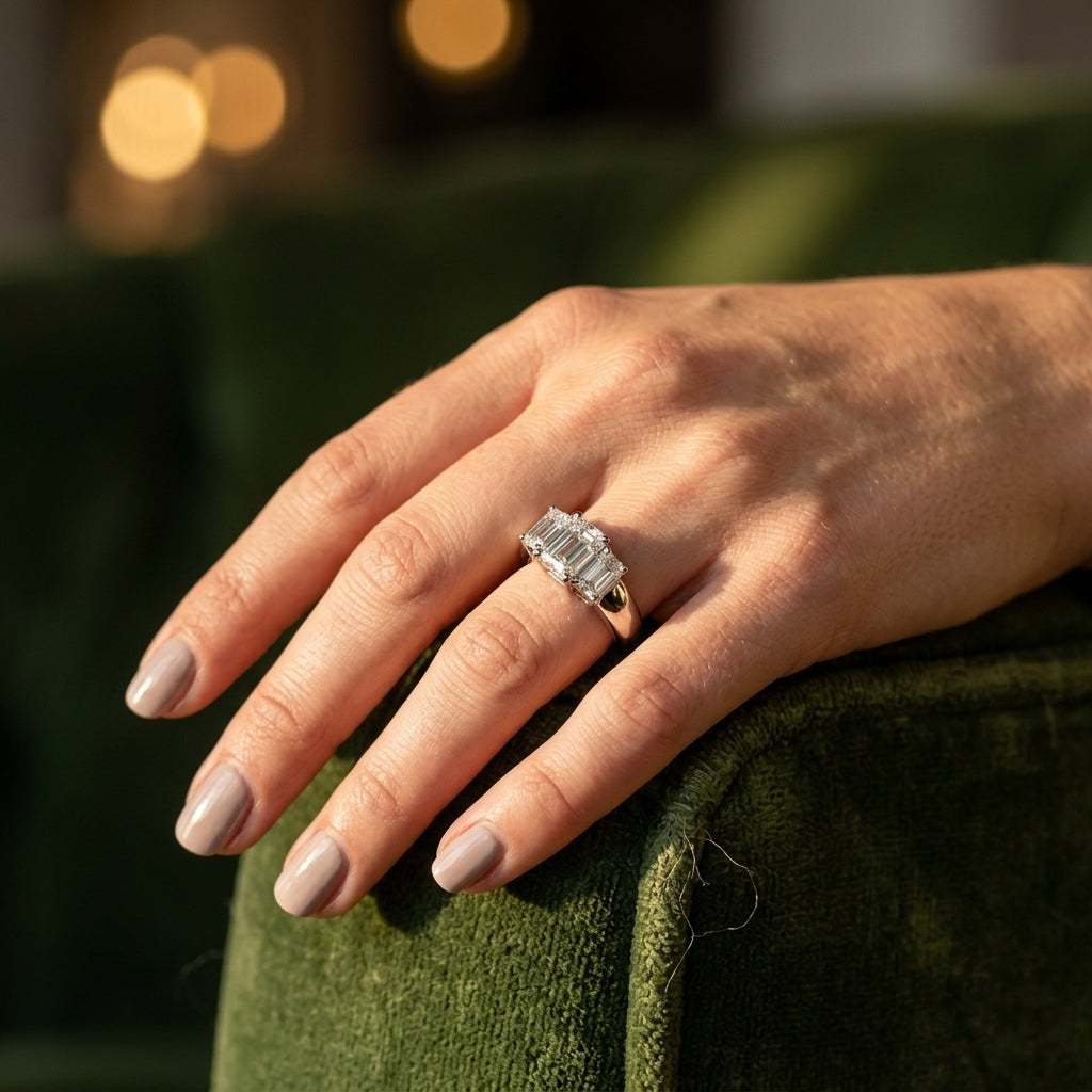 3-Stone Emerald Cut Engagement Rings - worn lifestyle photo