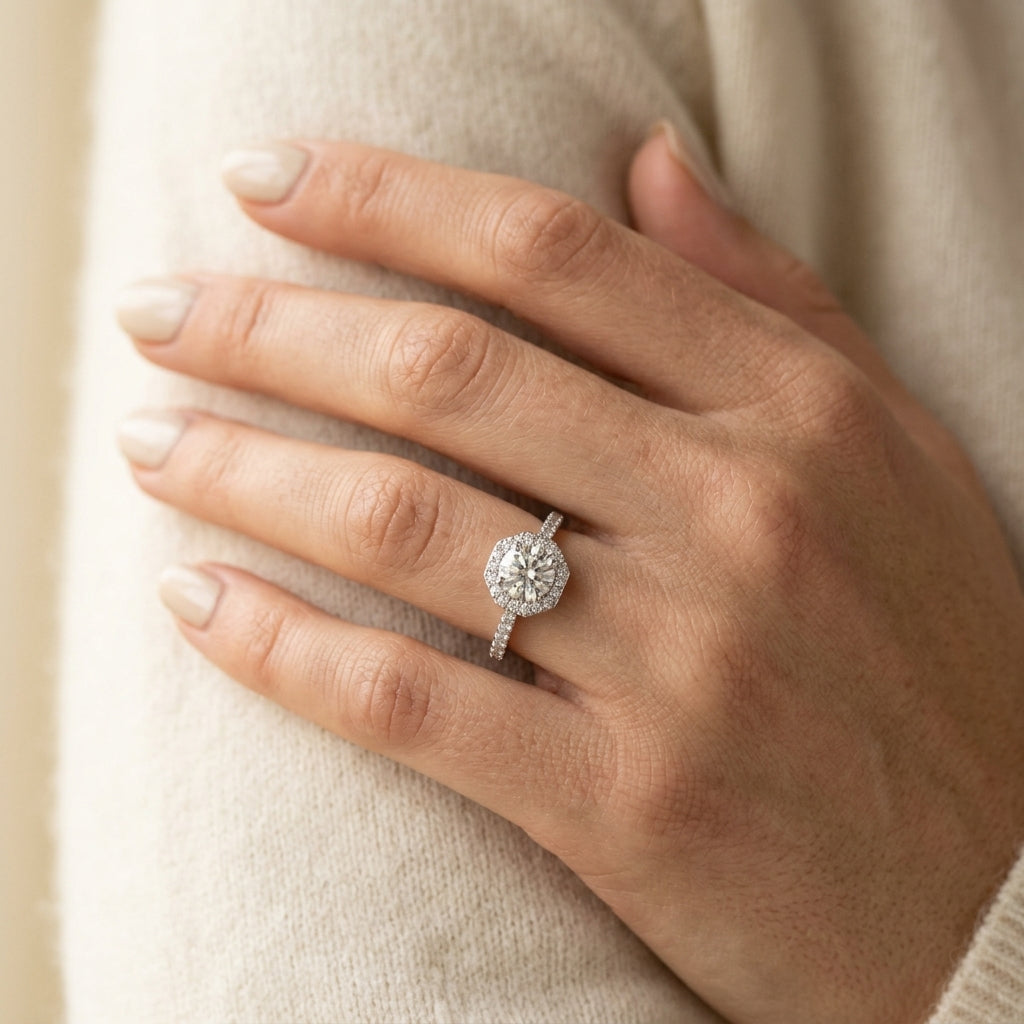 Single Row Cathedral Halo Engagement Ring - worn lifestyle photo