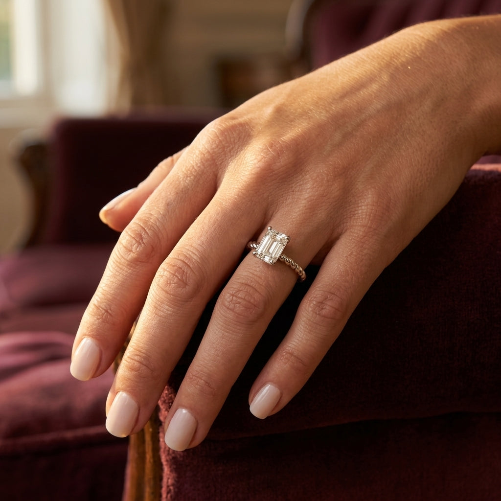 Braided Shank Emerald Cut Engagement Ring - worn lifestyle photo