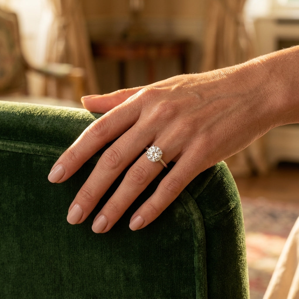 Double Hidden Halo Round Engagement Ring - worn lifestyle photo