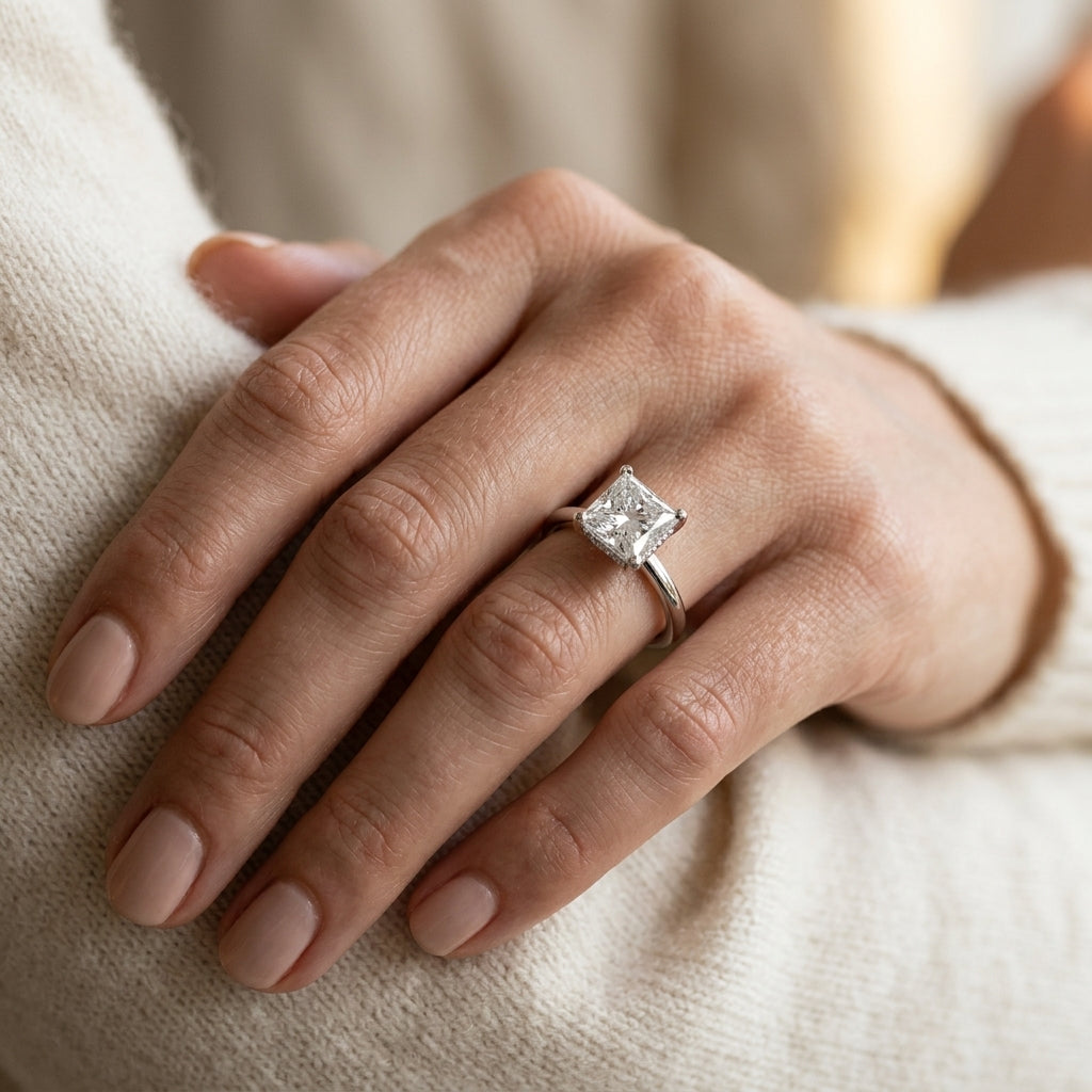 Hidden Halo Princess Cut Engagement Ring - worn lifestyle photo