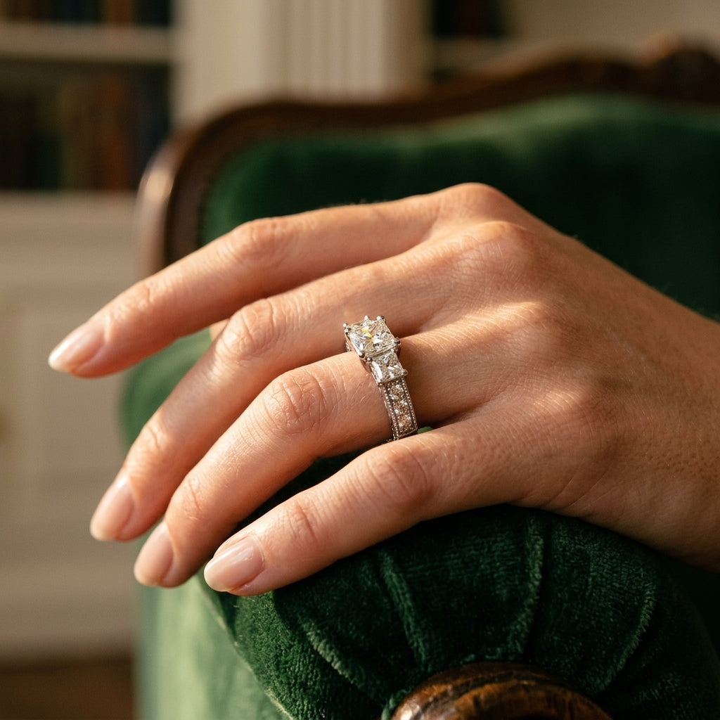 3-Stone Single Row Milgrain Princess Engagement Ting - worn lifestyle photo