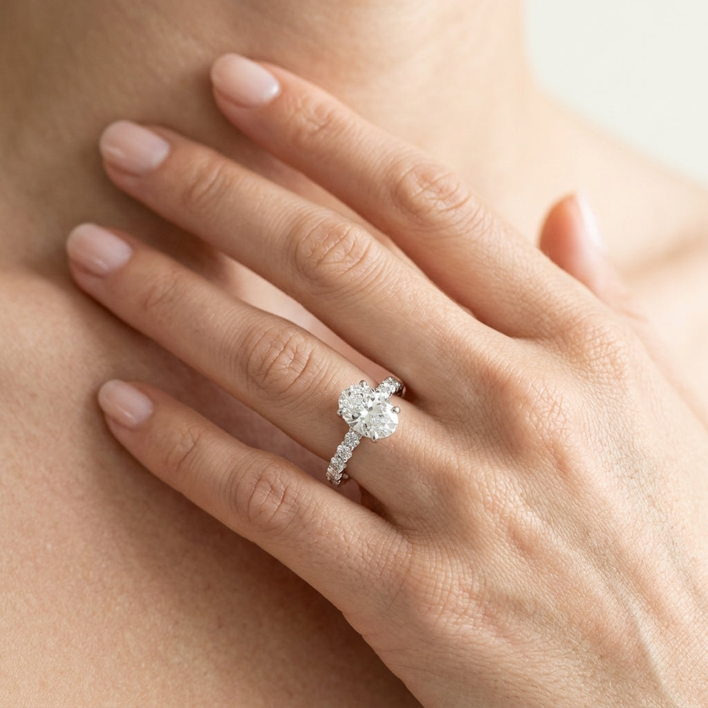 OVAL SINGLE ROW SHARED PR ENG RING - worn lifestyle photo
