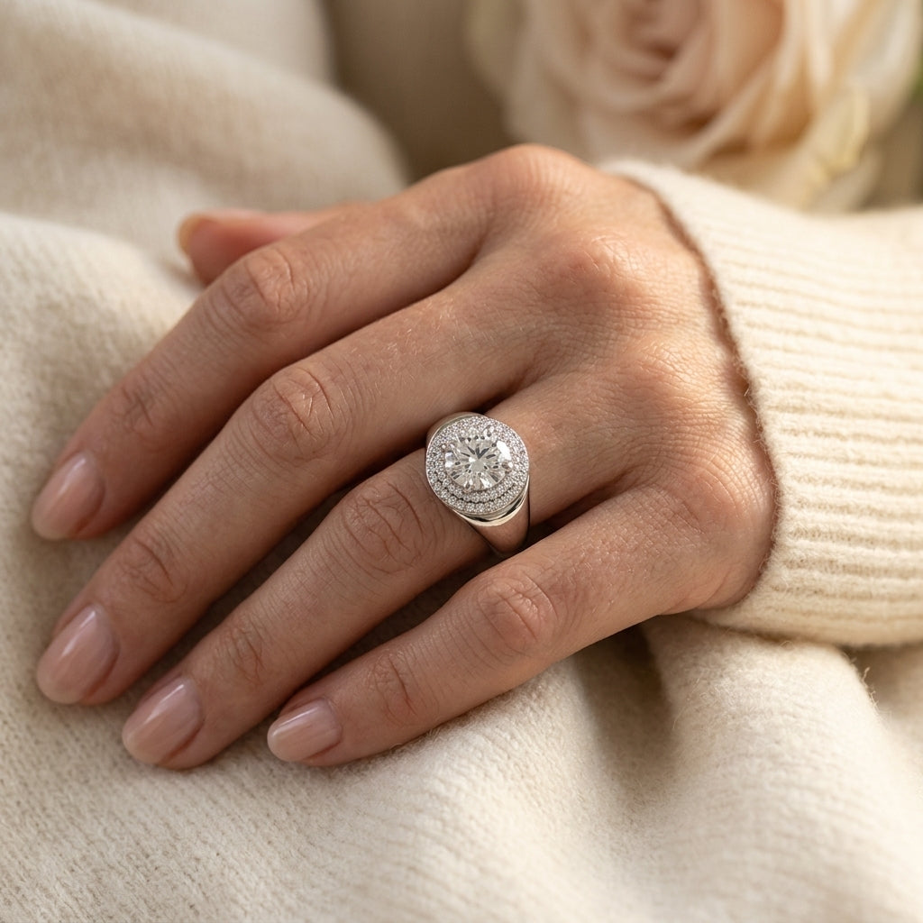 Double Halo Round Engagement Ring - worn lifestyle photo
