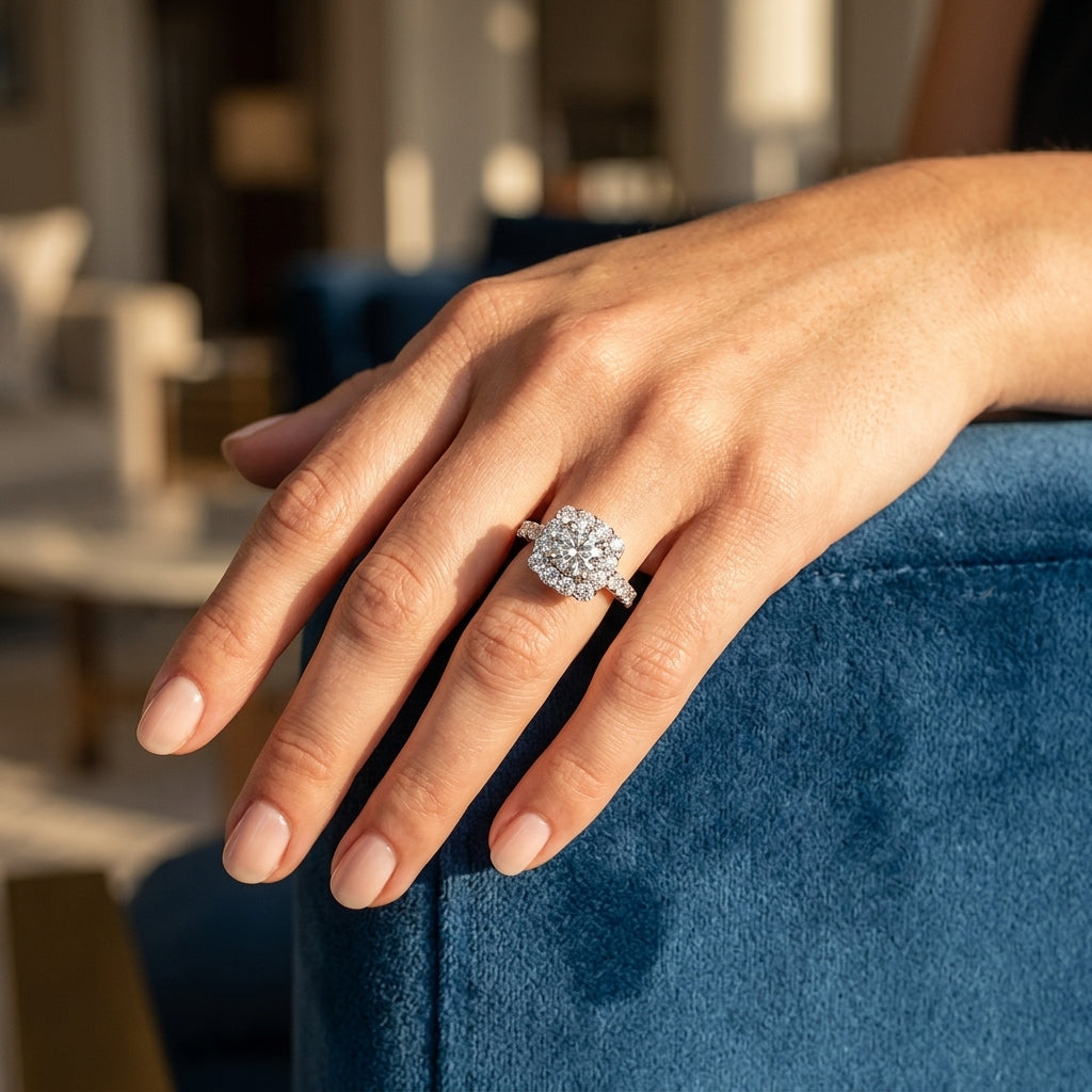 Single Row Halo Engagement Rings - worn lifestyle photo