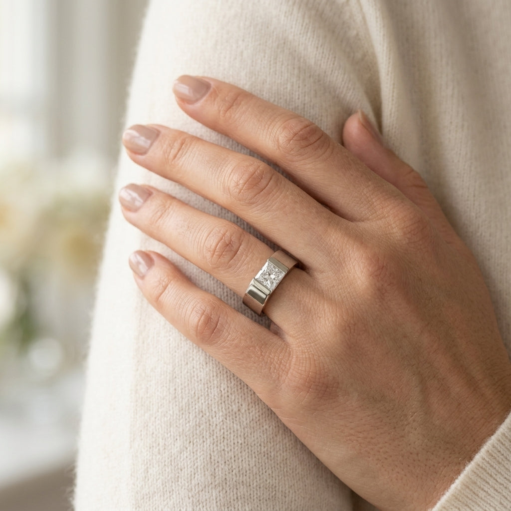 Solitaire Princess Cut Engagement Rings - worn lifestyle photo
