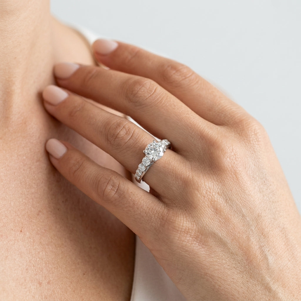 Graduating Trellis Round Engagement Ring - worn lifestyle photo