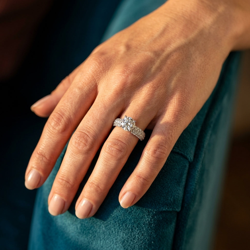 Round Pavé Engagement Ring - worn lifestyle photo