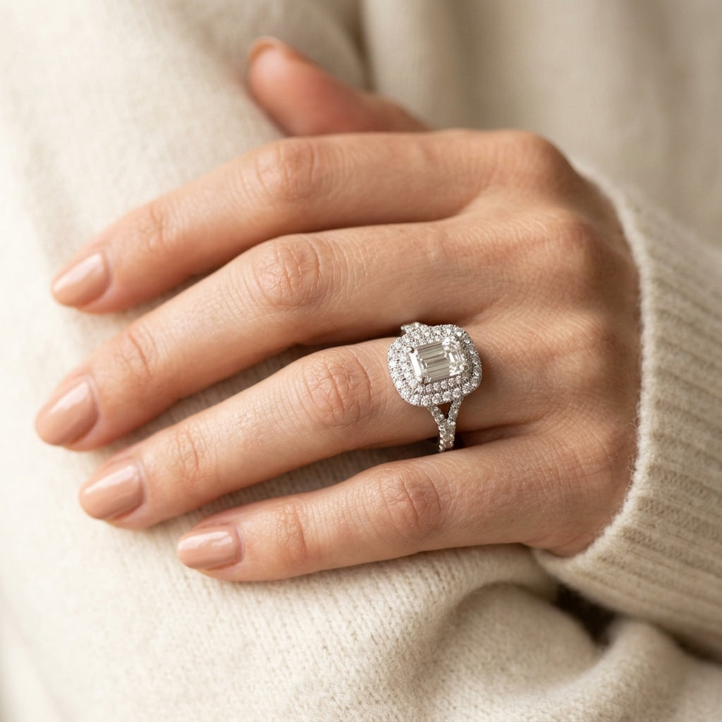 Double Halo Emerald Cut Engagement Ring - worn lifestyle photo