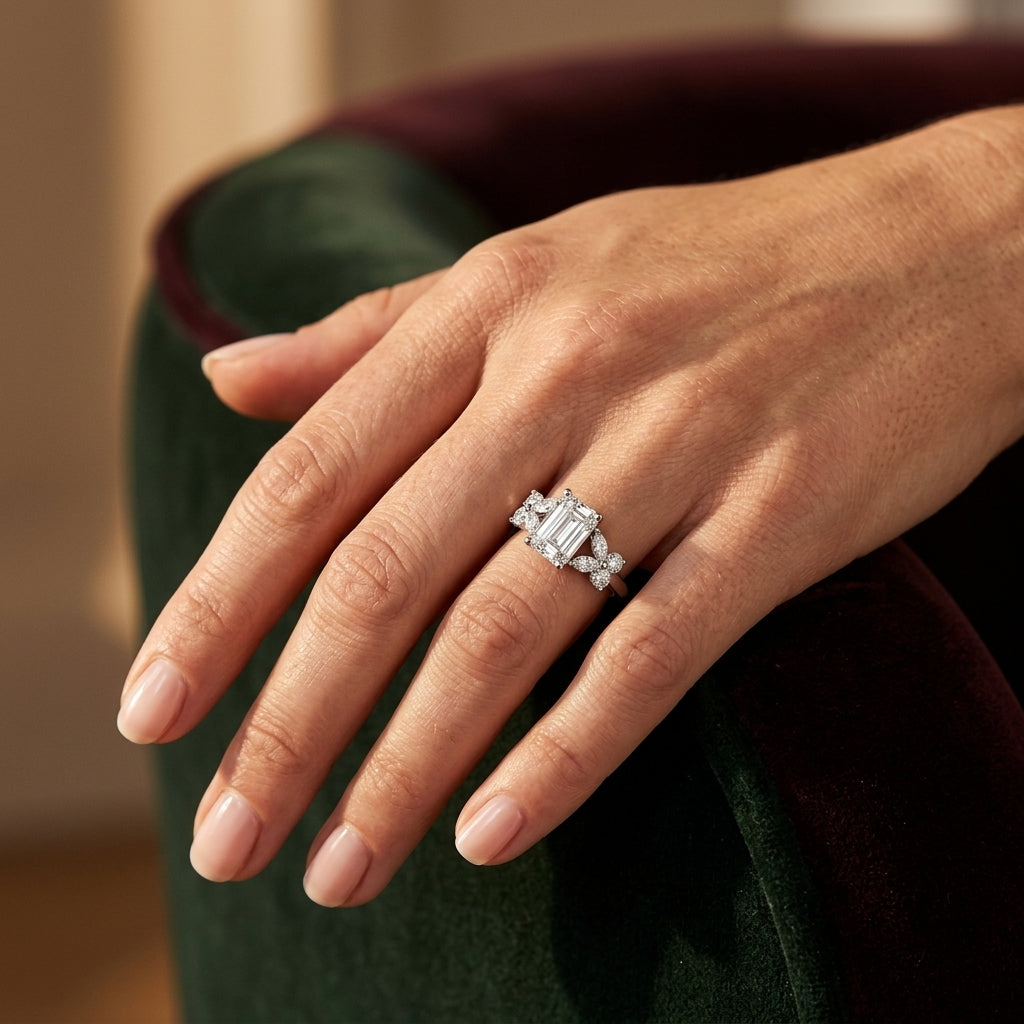 Contemporary Floral Emerald Cut Engagement Ring - worn lifestyle photo