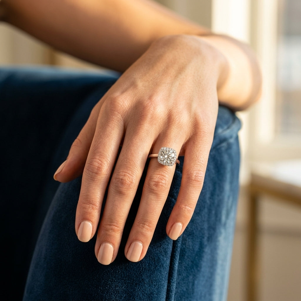 Cushion Shaped Halo Round Engagement Ring - worn lifestyle photo