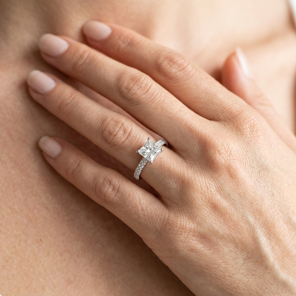 Pavé Princess Cut Engagement Ring - worn lifestyle photo
