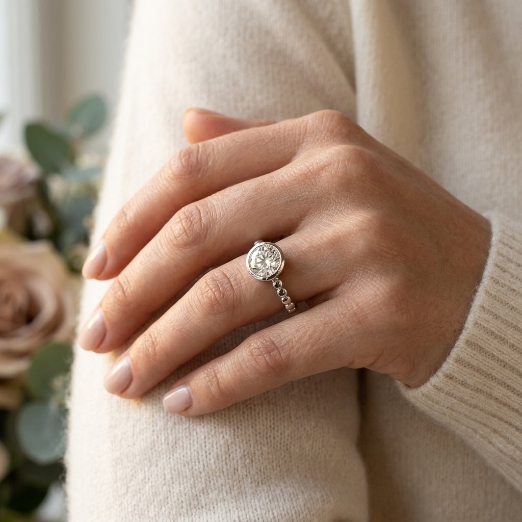 Bezel Set Solitaire Engagement Ring - worn lifestyle photo