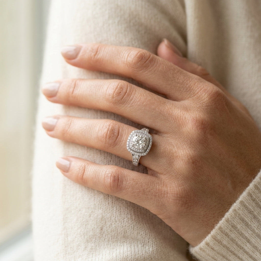 Vintage Inspired Double Halo Engagement Ring - worn lifestyle photo