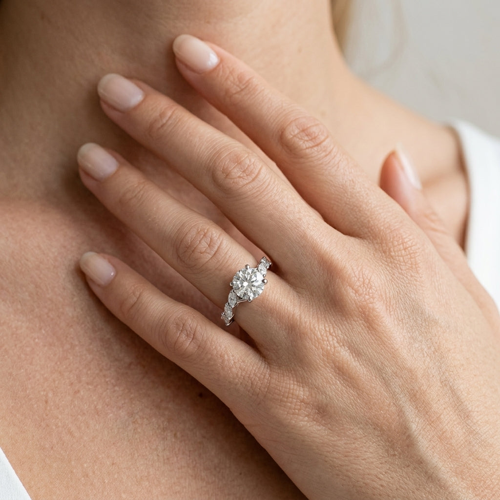 Marquise Accented Contemporary Engagement Ring - worn lifestyle photo
