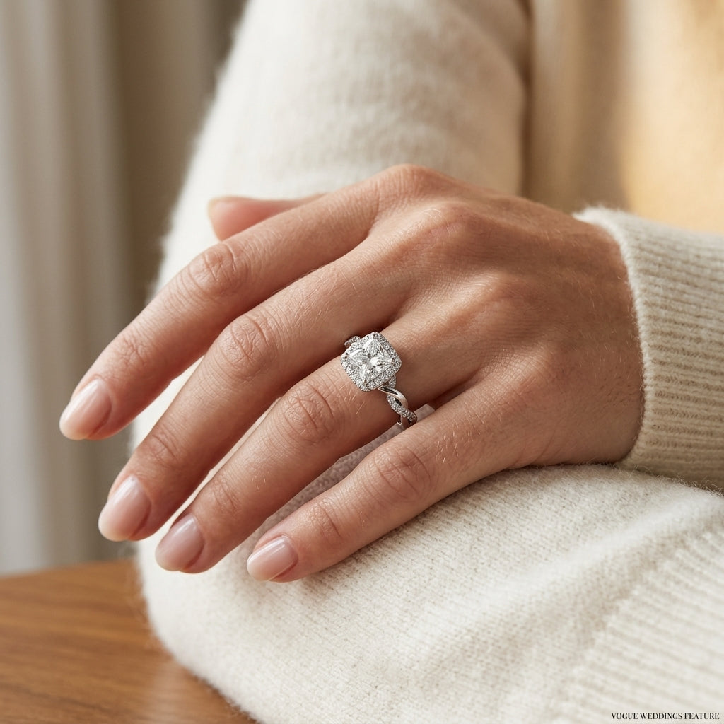 Braided Shank Prong Set Halo Engagement Ring - worn lifestyle photo