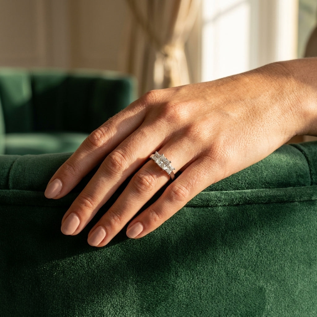 3-Stone Trellis Princess Cut Engagement Ring - worn lifestyle photo