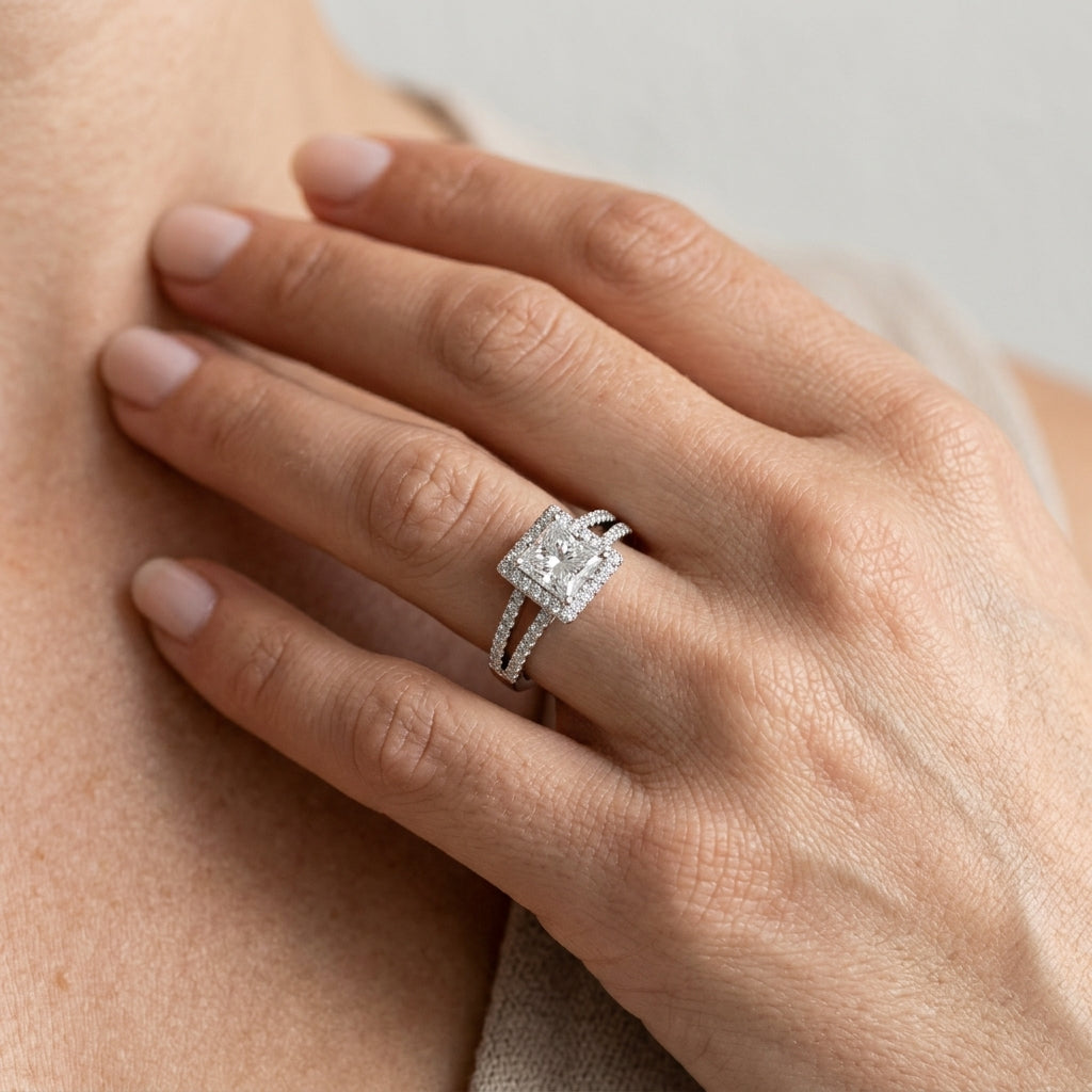 Double Row Split Shank Halo Engagement Ring - worn lifestyle photo