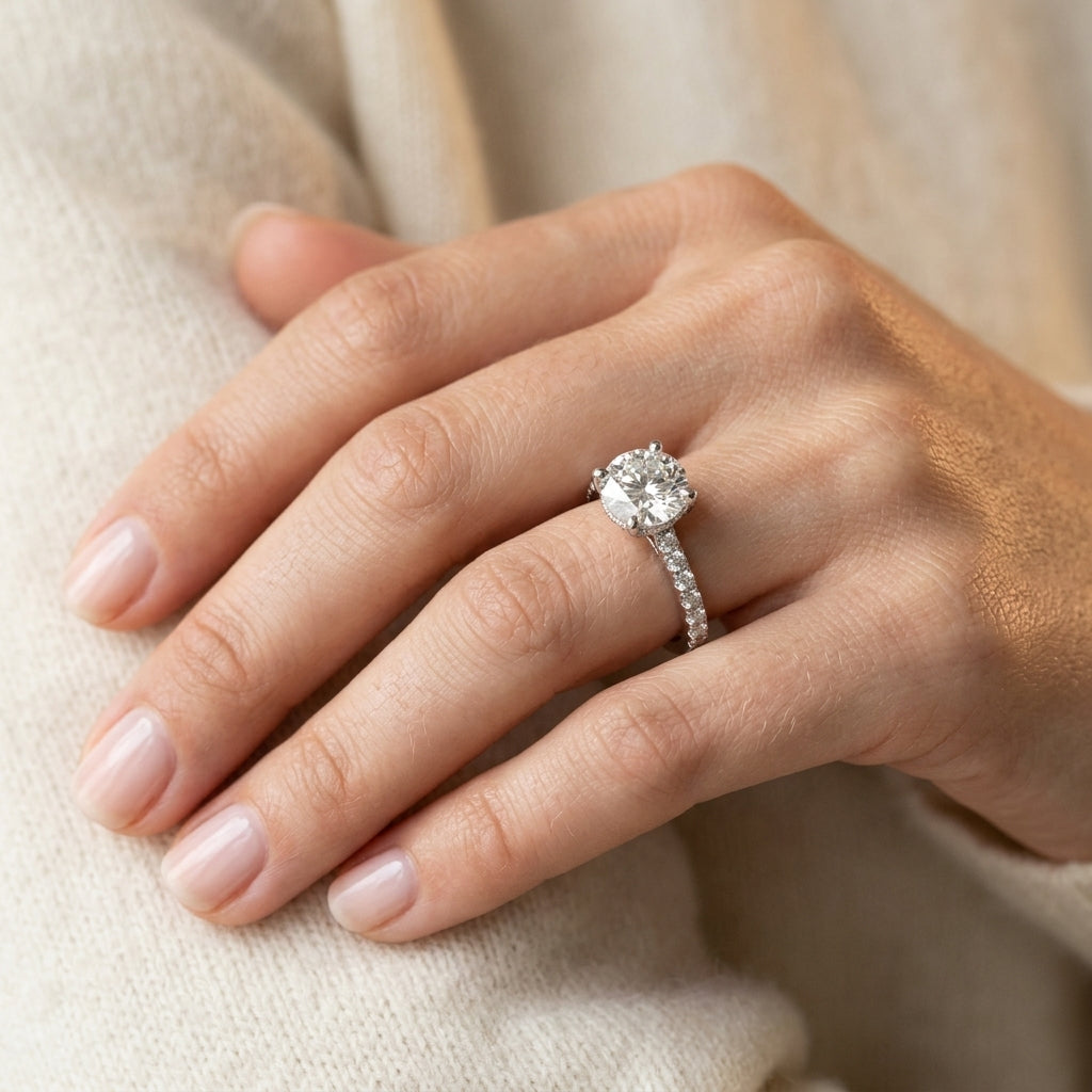 Single Row Prong Hidden Halo Engagement Ring - worn lifestyle photo